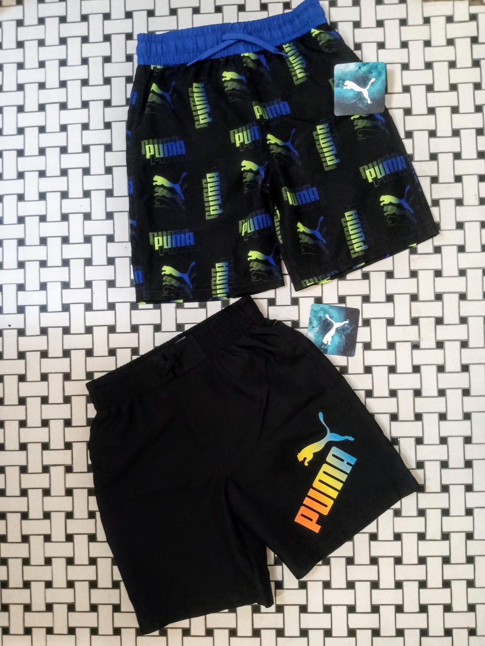 Boy's Puma Black Swim Shorts Set with Blue and Lime Logos